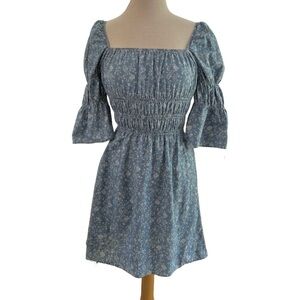 Topshop Blue White Chambray Size 4 Dress Denim Prairie Floral Cottage Boho